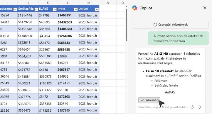 Képernyőkép az értékek félkövér formázásáról az Excel Copilot használatával.