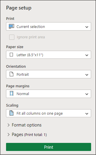Aktuális kijelölés nyomtatása a Webes Excel