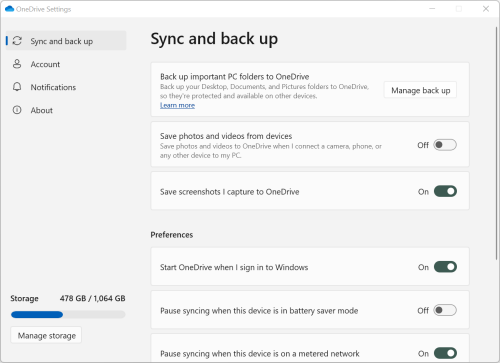 A OneDrive beállítások képernyője