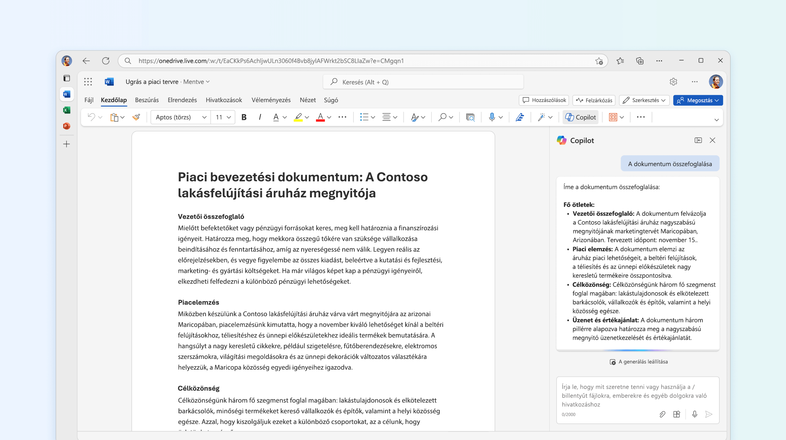 A képernyőképen a Copilot a Wordben látható a dokumentum összefoglalása közben.