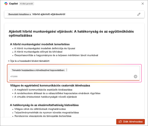 Képernyőkép a PowerPoint Copilot használata során hozzáadott témakör leírásának megadására szolgáló helyről.