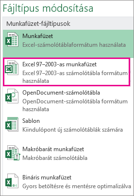 Az Excel 97–2003-as munkafüzet formátum