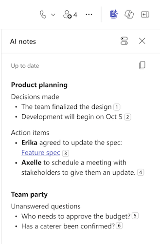 Az AI-jegyzetek egy Teams-csevegésben jelennek meg