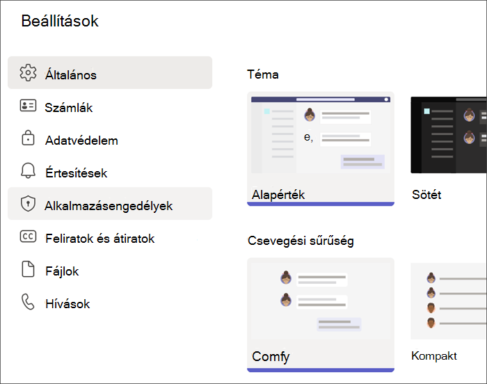 Képernyőkép egy tanulói profil Teams-beállításairól. Az Alkalmazásengedélyek elem ki van emelve.