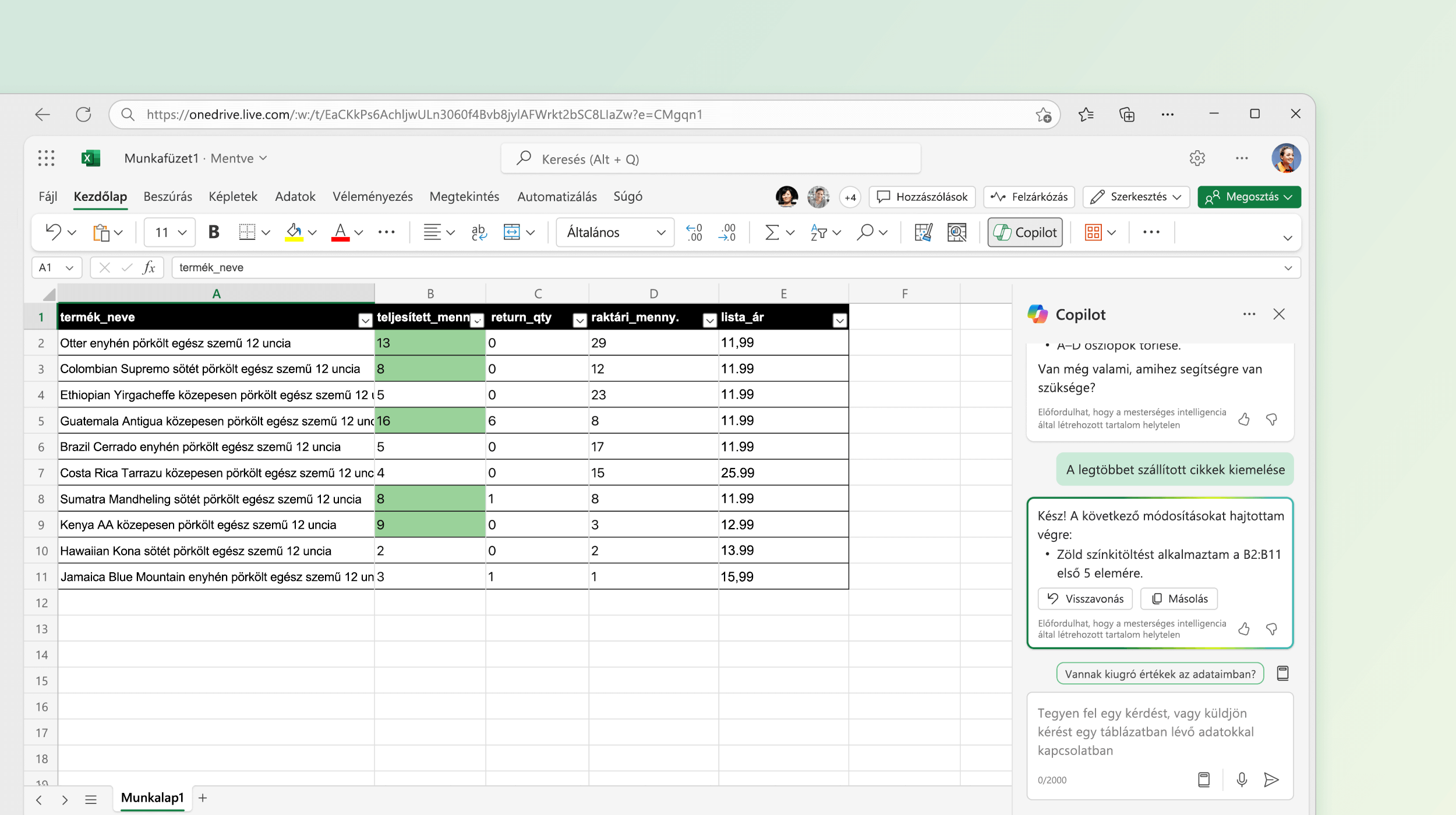 Az Excelben elérhető Copilot képernyőképe, amely meglévő adatokat módosít.