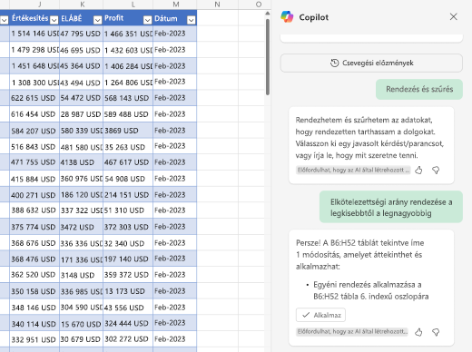 Képernyőkép az adatok rendezéséről az Excel Copilot használatával.