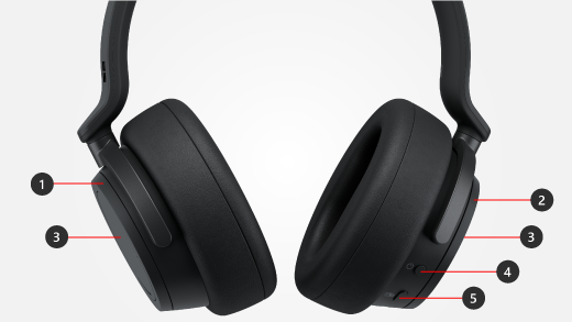 Callouts for buttons and dials on Surface Headphones