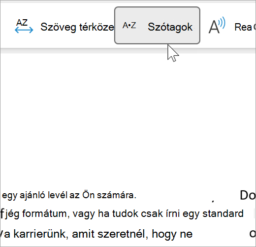 Képernyőkép a modern olvasó szótagos funkciójának kiválasztásáról, amelyen néhány szó látható egy e-mailben, szótagokra tagolva. a javaslat szó rec dot om dot men dot da dot tion