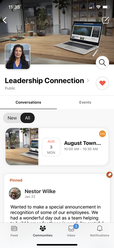 Screenshot showing the Yammer mobile group banner for live events