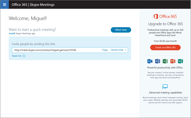 Skype-értekezletek – az értekezletek lap