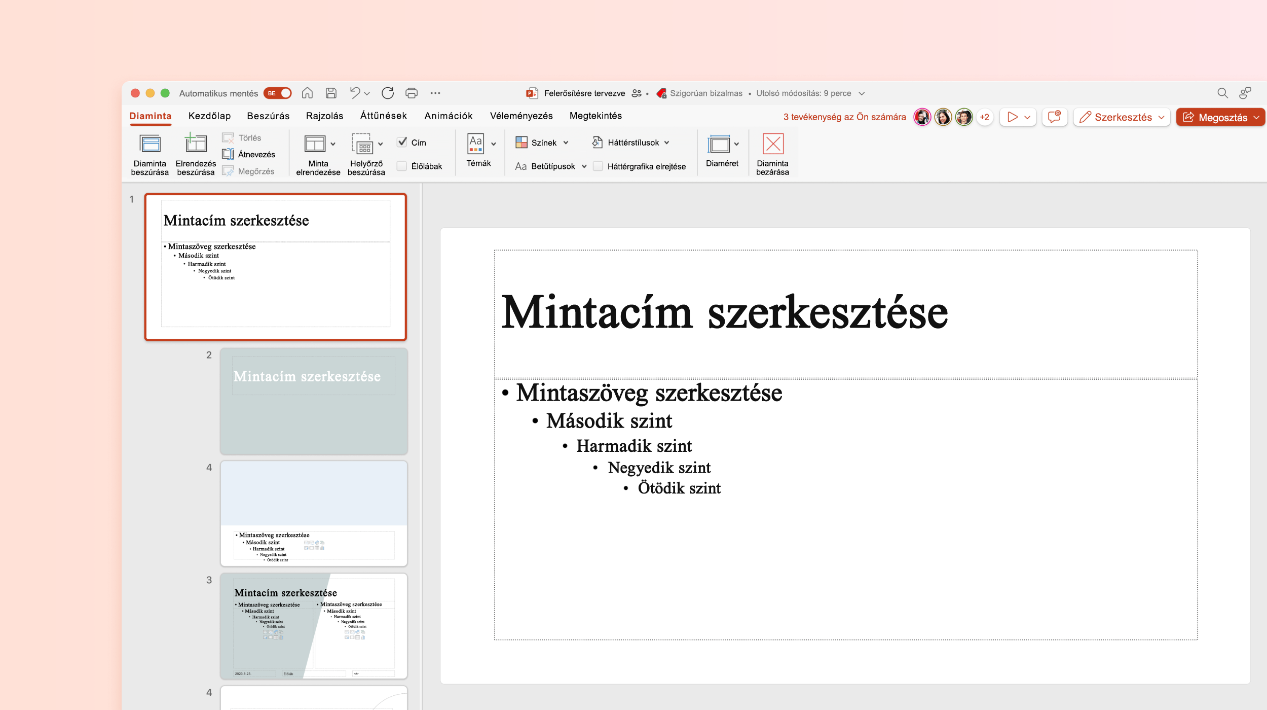 Képernyőkép a PowerPoint-sablon Silde Master funkciójáról.