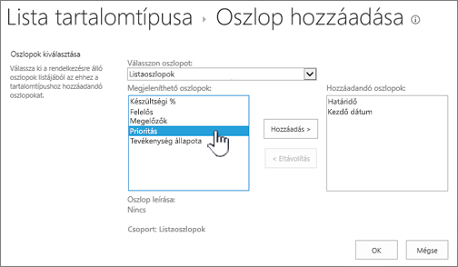 Oszlopok hozzáadása lap kiemelve elérhető oszloptal