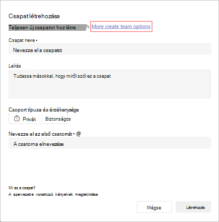 Képernyőkép a csapat létrehozásának lehetőségéről. A csoportnév, a leírás, a típus, a bizalmasság és a csatorna neve mezőkkel rendelkezik. Válassza a További csoportbeállítások lehetőséget egy csapat sablonból vagy egy meglévő csoportból vagy csoportból való létrehozásához.