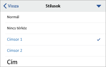 A Stílusok párbeszédpanel, amelyen a Címsor 1 elem van kijelölve.