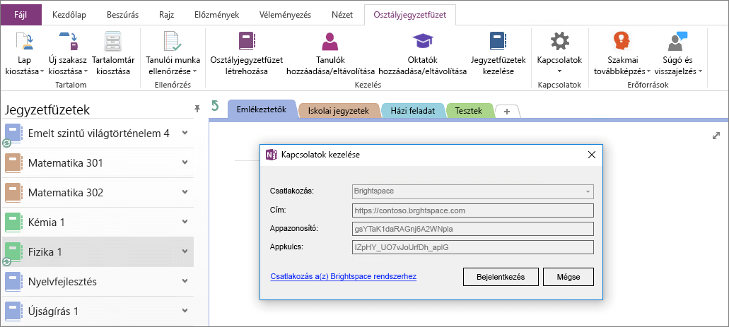 Képernyőkép a OneNote osztályjegyzetfüzet bővítmény Kapcsolatok párbeszédpanelről engedélyezett csoportházirend esetén.
