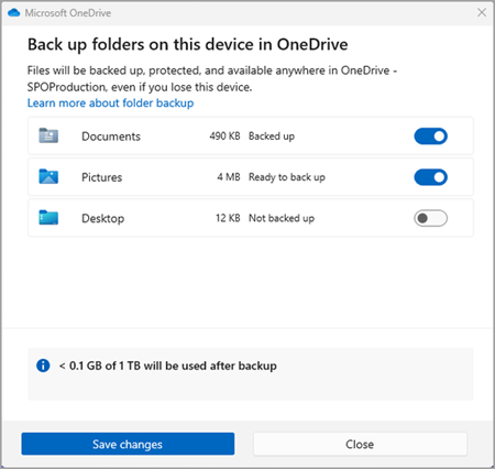 a OneDrive biztonsági mentésének képernyőképe, 3. verzió
