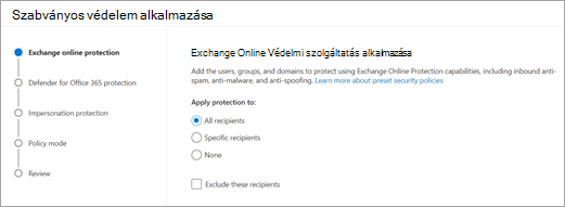 Az Apply standard wizard showing the screen where you select which recipients to apply Exchange Online protection to apply to.