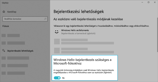 Be van kapcsolva az a lehetőség, hogy a Windows Hello használatával bejelentkezhessen a Microsoft-fiókokba.