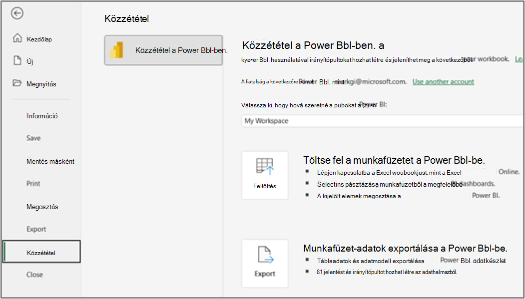 A Power BI Excel közzétételi lapja