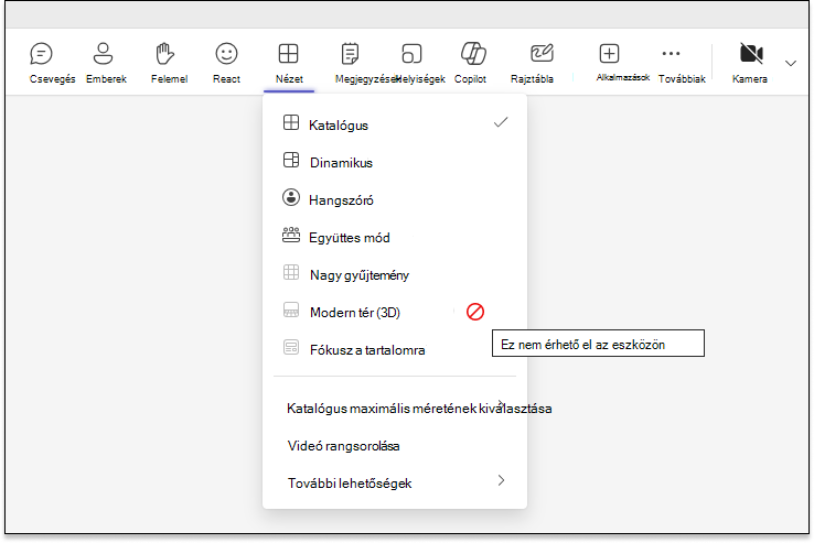 Képernyőkép a Modern tér (3D) legördülő menüről, amely le van tiltva, mivel a gép nem tudja futtatni.