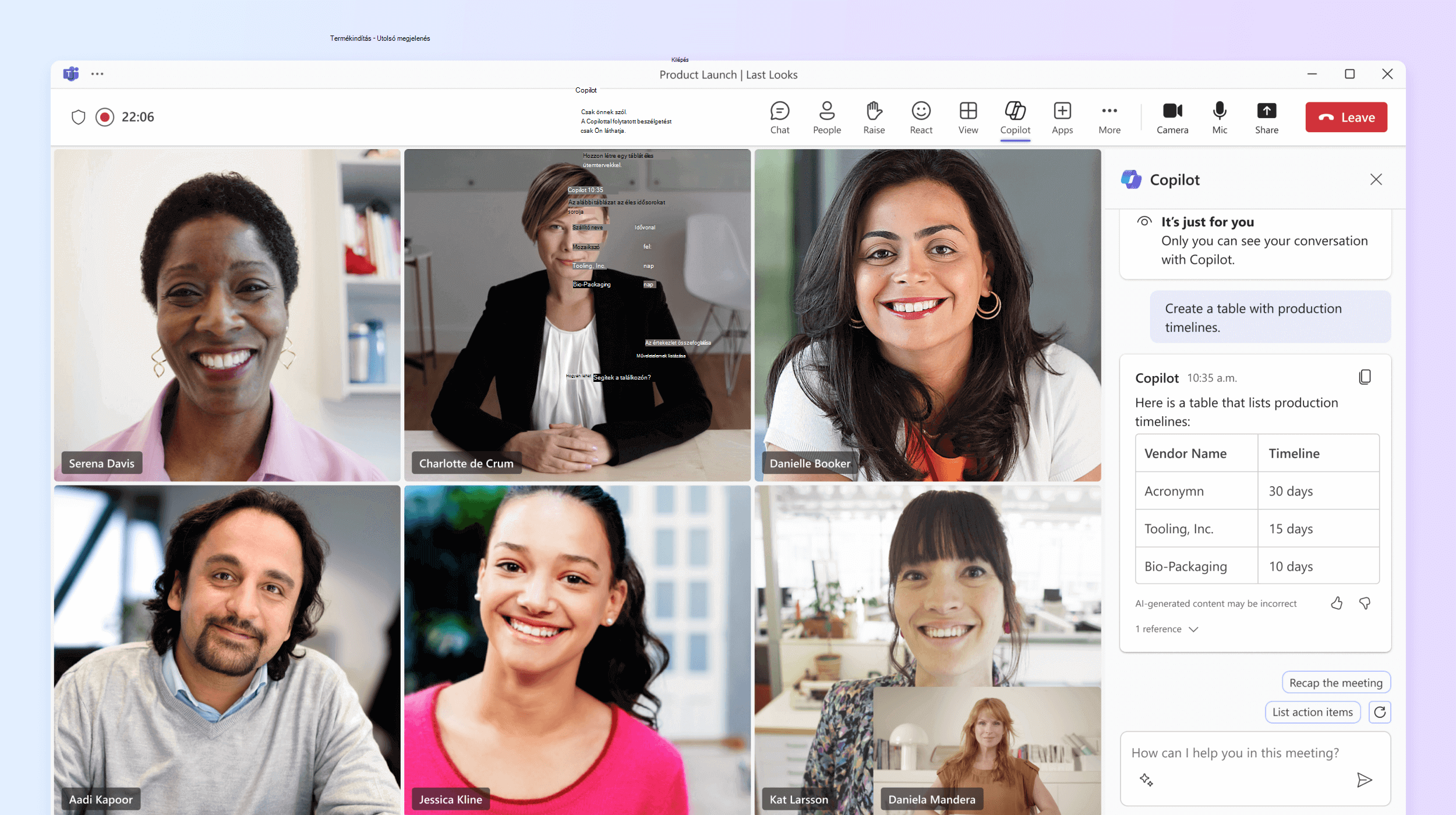 Képernyőkép egy Teams-értekezlet résztvevőiről, akik a Teamsben elérhető Copilotot használják.