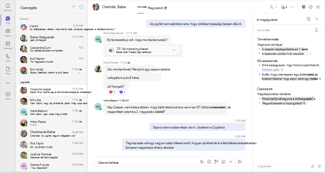 Az AI által létrehozott jegyzetek frissülnek egy Teams-csevegésben