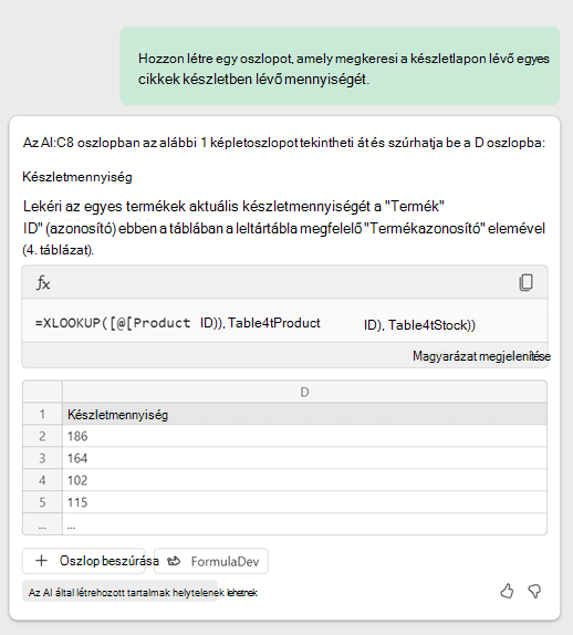 Copilot az Excelben létrehoz egy XLookup képletet az ügyfél kérése alapján, amely egy olyan oszlopot kér, amely leltáradatokat keres egy másik lapon.