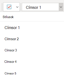 A Stílusok menü különböző címsorstílusokat jelenít meg a Windows 10 OneNote-ban.