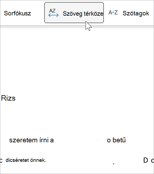 Képernyőkép a modern olvasó szövegtérköz beállításáról, nagyobb távolság van a betűk és a szavak között