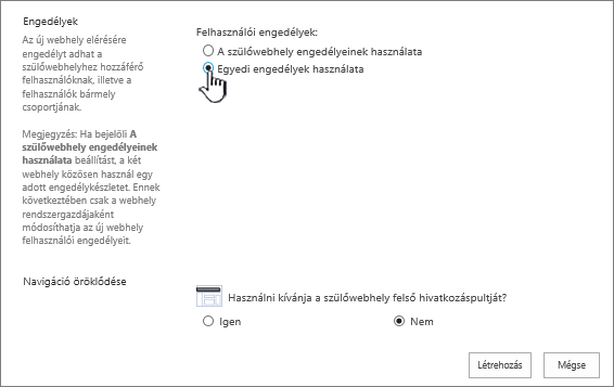 A vállalati wikiwebhely felvételére szolgáló képernyő Egyedi engedélyek használata választógombja