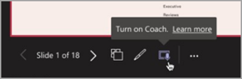 Képernyőkép a Speaker Coach ikonról a Teams PowerPoint-bemutatóban.
