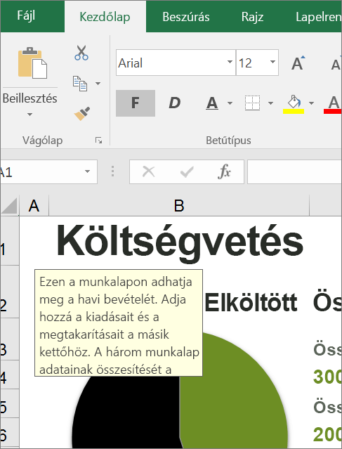A Excel beépített utasítást megjelenítő felhasználói felület képernyőklipje
