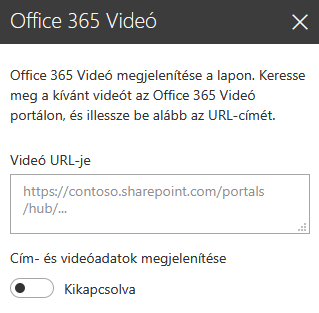 Képernyőkép: Office 365-ös videó címének párbeszédpanelje a SharePointban.