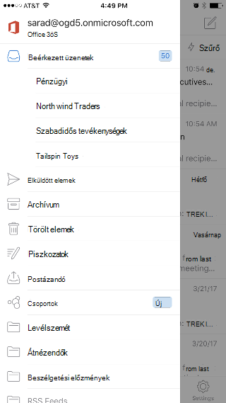 Megjeleníti a Outlook alkalmazást a Beérkezett üzenetek mappával a lista tetején, valamint a Csoportok lehetőséggel lejjebb a listában.