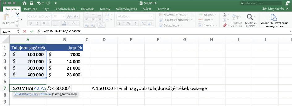 Excel-adatok képernyőképe a SZUMIF függvény használatával