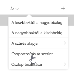 Groupby lehetőség az oszlopfejléc menüjében