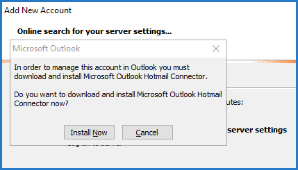 Az Outlook Hotmail Connector üzenete