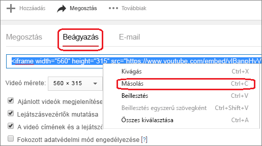 Az iFrame beágyazási kód másolása