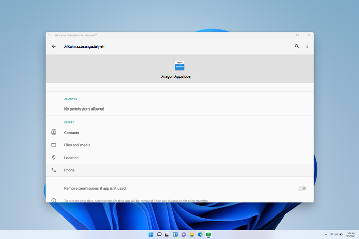 Képernyőkép az alkalmazásbeállításokról a Android rendszerhez készült Windows-alrendszer Beállítások alkalmazásban.