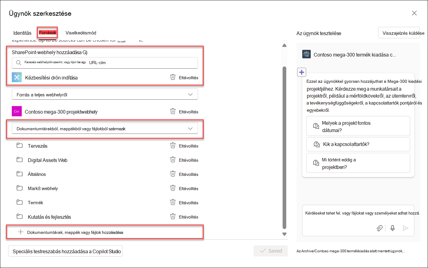 A tudáserőforrások Copilot-ügynökhöz való hozzáadásának képernyőképe