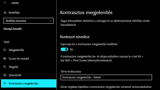 A kontrasztos megjelenítés bekapcsolása a Windows 10 Gépház alkalmazásában.