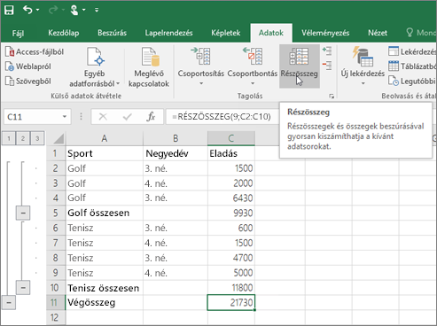 Az Excel-adatok részösszegsorának hozzáadásához kattintson a Részösszeg elemre az Adatok lapon