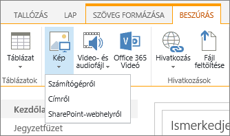 Képernyőkép a SharePoint Online menüszalagjáról. Válassza a Beszúrás lapon a Kép lehetőséget, és adja meg, hogy a számítógépről, egy webcímről vagy egy SharePoint-helyről szeretne-e fájlt feltölteni.