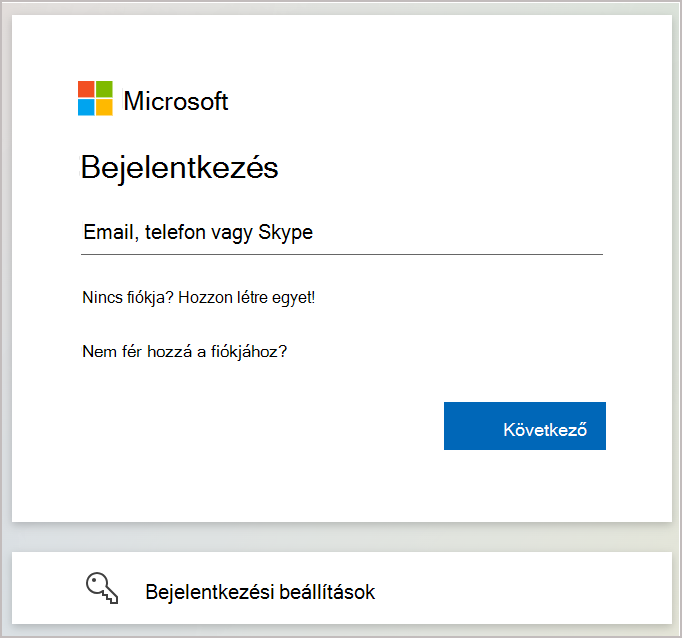Képernyőkép a bejelentkezési párbeszédpanelről, amelyen megadhatja a Microsoft-fiókjához társított e-mailt vagy telefonszámot.