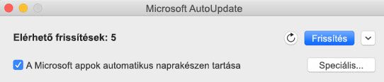 A Microsoft AutoUpdate ablak, amikor frissítések érhetők el.