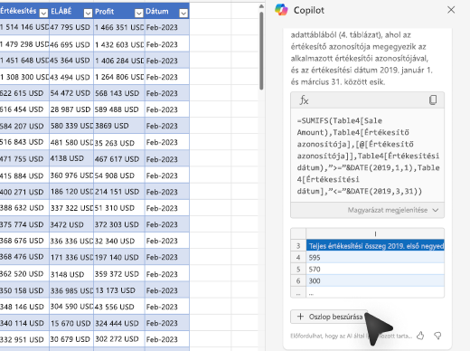 Képernyőkép arról, hogyan szúrhat be és adhat hozzá képletoszlopot egy táblázathoz az Excel Copilot használatával.