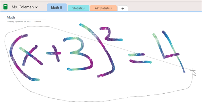 képernyőkép a szabadkézi kijelölési eszköz használatáról kézzel írt egyenlet bekarikázásához