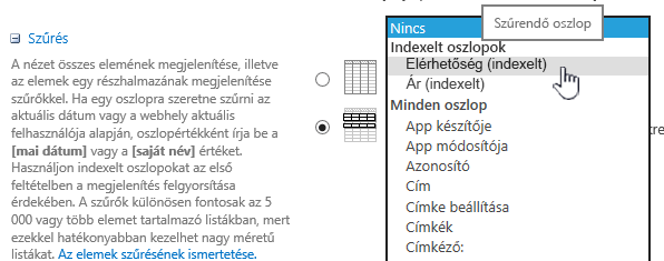 Indexelt mező választása a SharePoint Online-ban