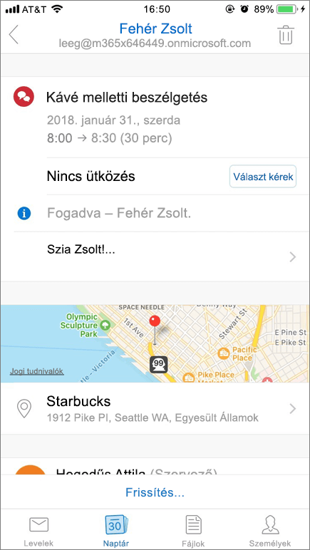 Képernyőkép egy mobileszköz képernyőjén látható naptármeghívási elemről