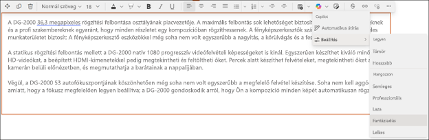 Példa a javasolt szöveg hangnemének módosítására a Copilotban a SharePointban – előtte